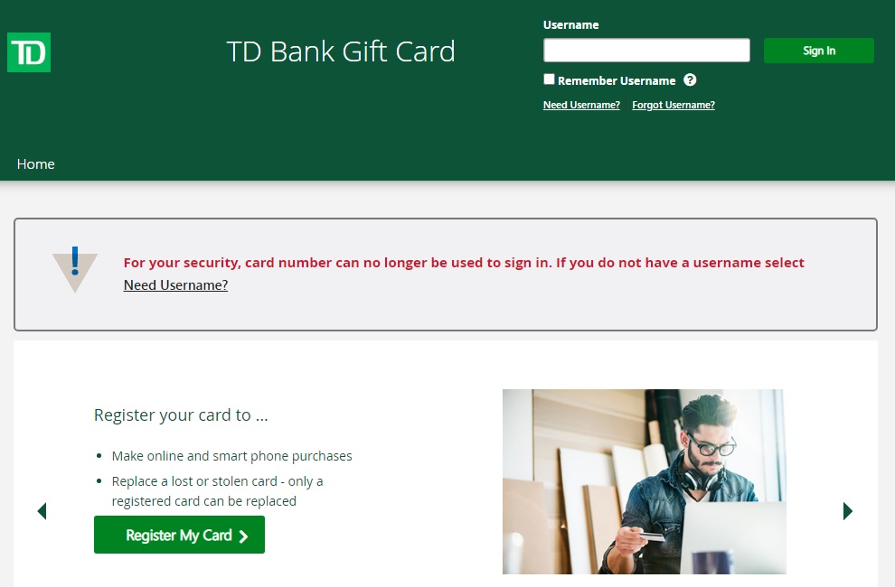 Login to TD Bank Visa Gift Card Account