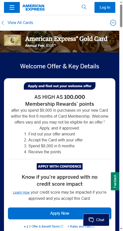 American Express Gold card product page