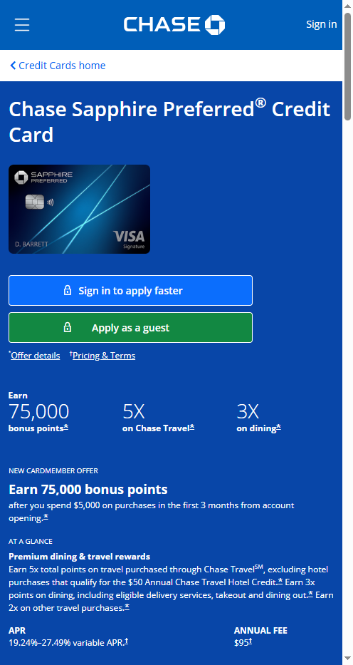 Chase Sapphire Preferred card product page