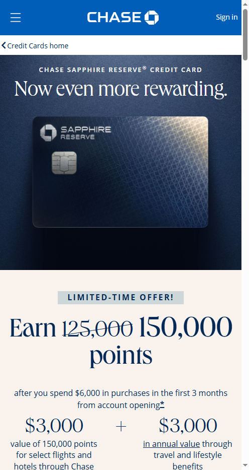Chase Sapphire Reserve card product page