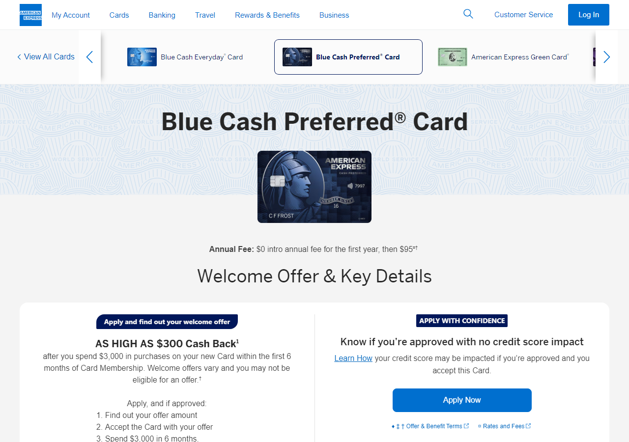 American Express Blue Cash Preferred card product page showing cash-back categories and the apply button