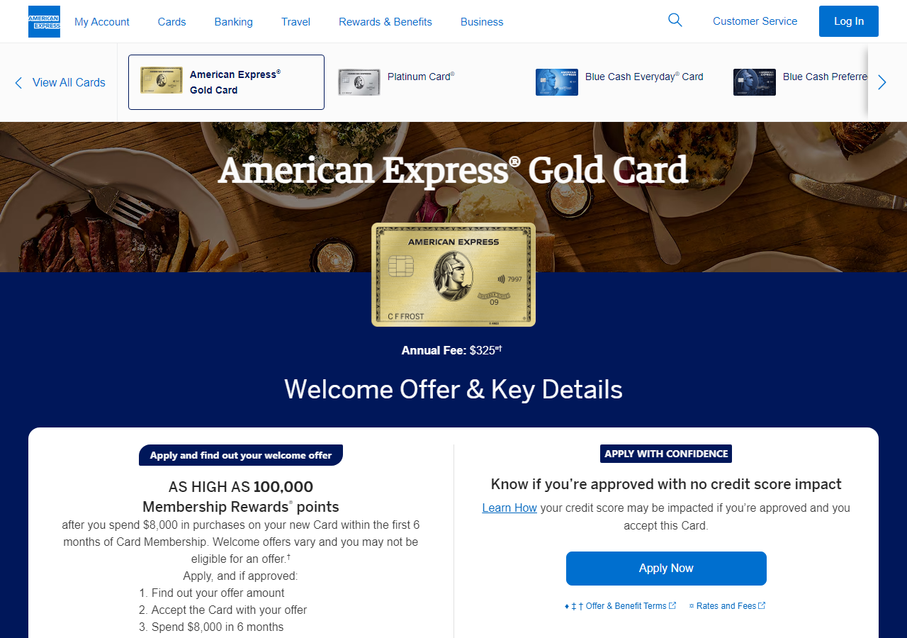American Express Gold Card page highlighting restaurant and dining rewards, statement credits, and the annual fee