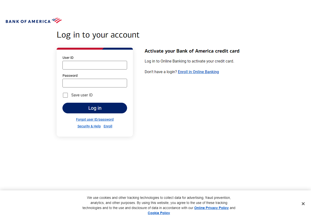 Bank of America card activation page asking for card number and expiration date