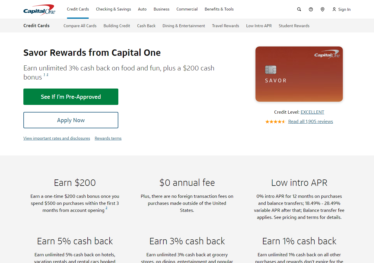 Capital One Savor credit card product page showing dining, entertainment, and grocery cash back rewards and the apply button