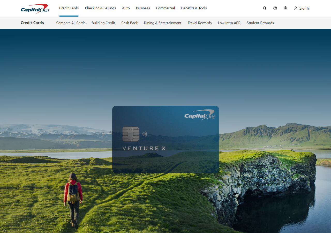 Capital One Venture X premium travel card product page on capitalone.com showing rewards, travel credit, and lounge benefits