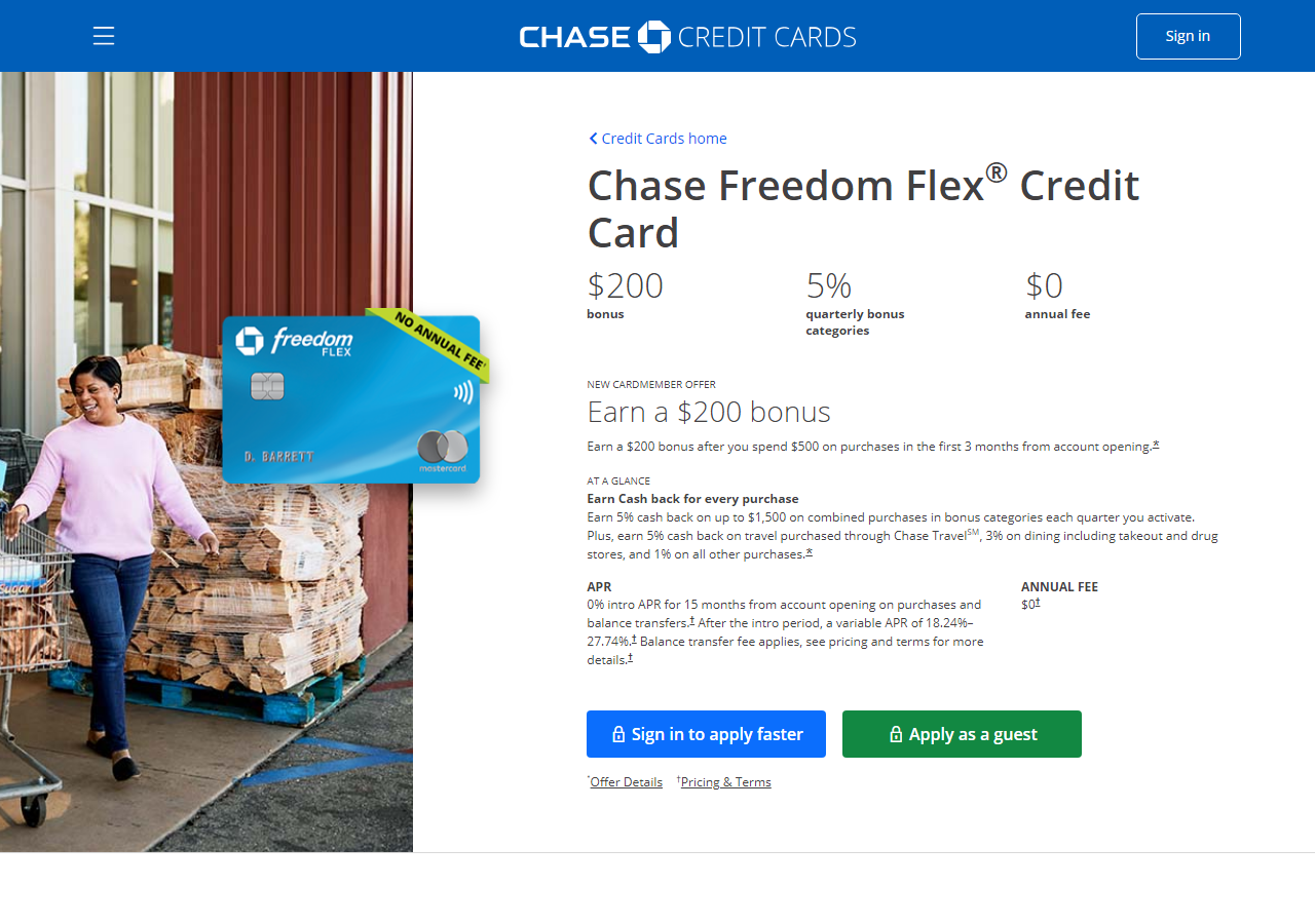 Chase Freedom Flex card page on the Chase website showing rotating 5 percent categories and cash-back details