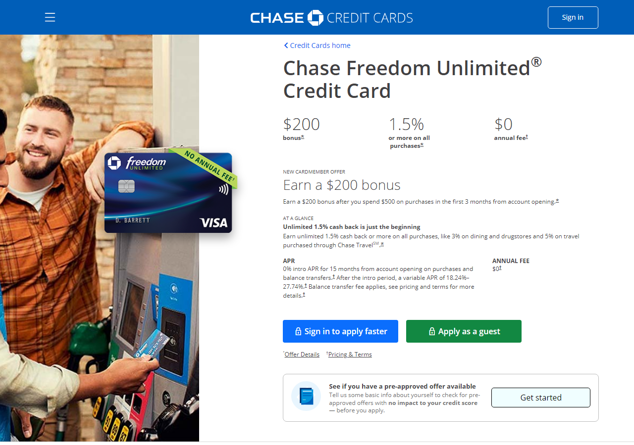 Chase Freedom Unlimited cash-back card marketing page on the Chase website showing the rewards summary and apply button
