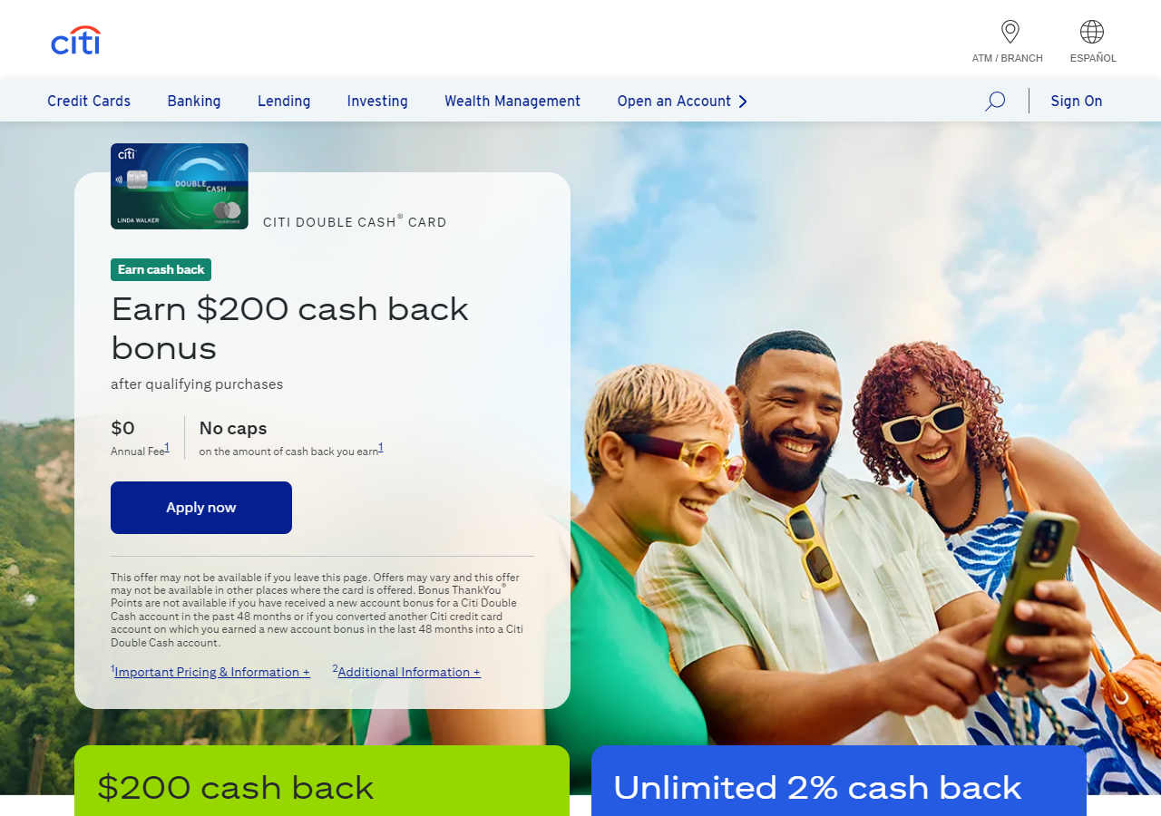 Citi Double Cash credit card product page on Citi.com showing flat cash back earned on purchases and on payment