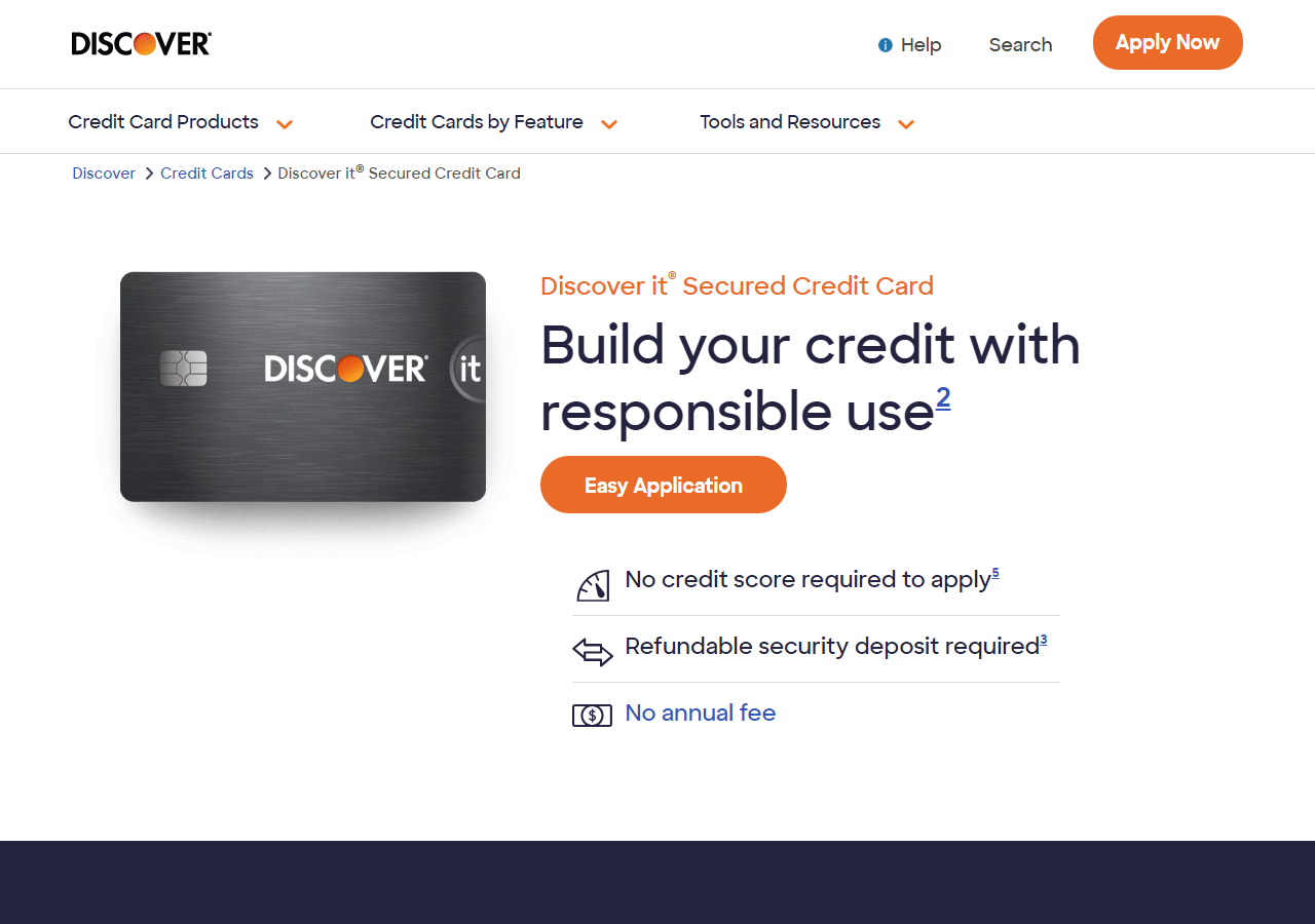 Discover it Secured credit card page on Discover showing the secured card features, cash back rewards, and deposit requirement