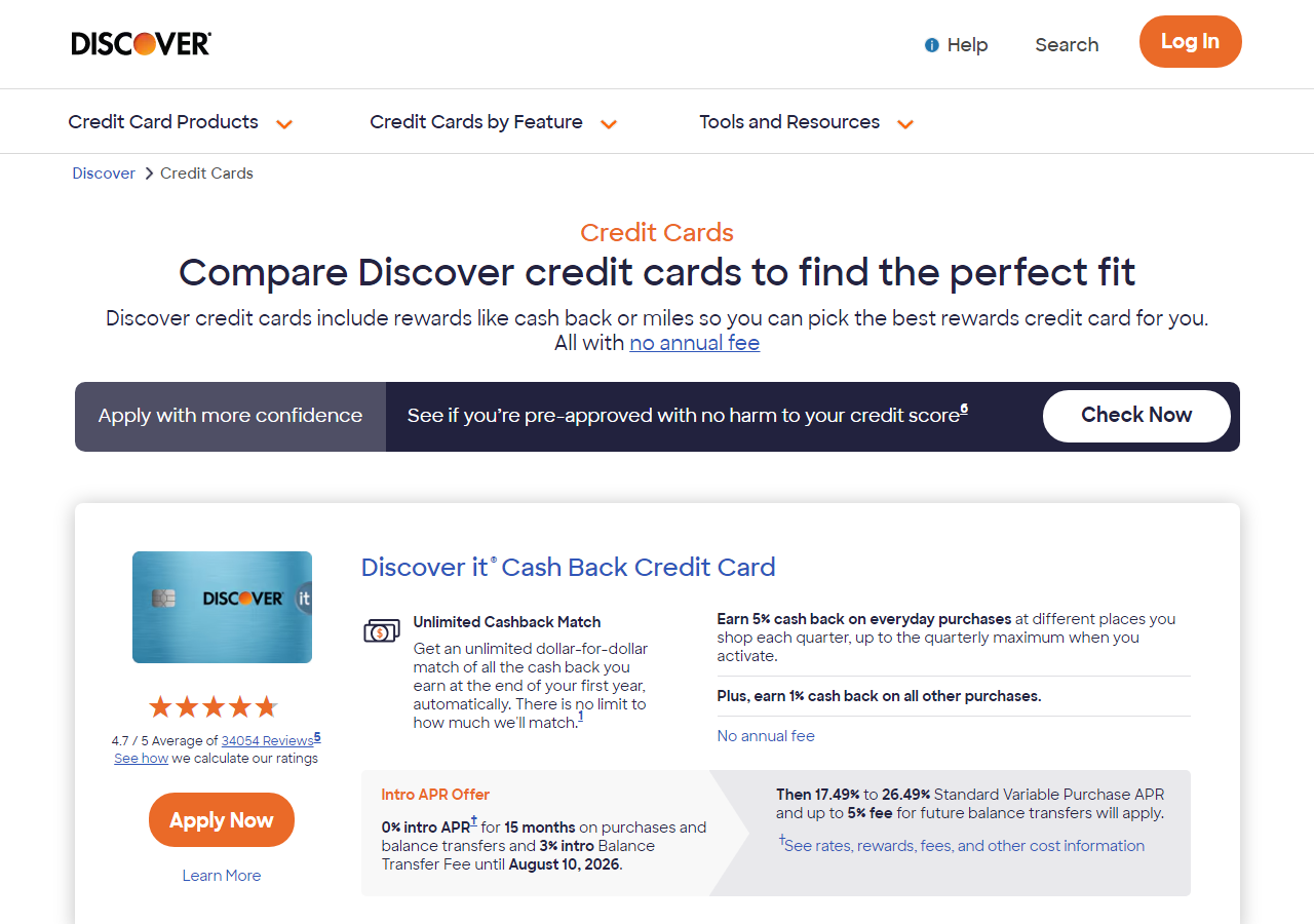 Discover credit cards page on discover.com showing the Discover it Cash Back, Chrome, and secured card options with rewards summaries and an apply area
