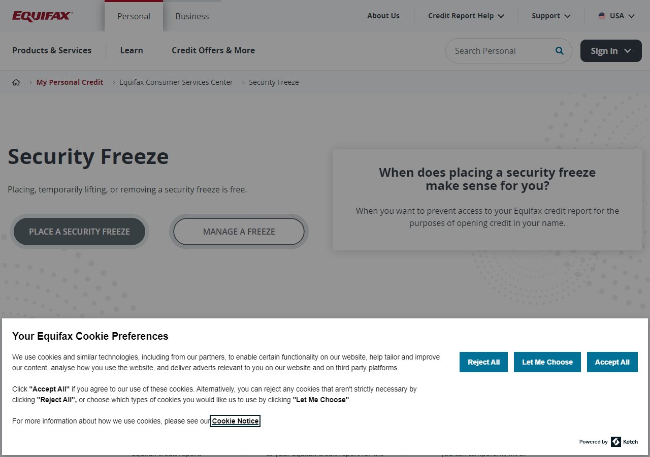 Equifax credit freeze page on the official Equifax website showing how to place and manage a security freeze